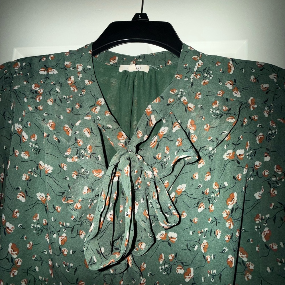 Pleione Sage Green Floral Top with Orange Accents